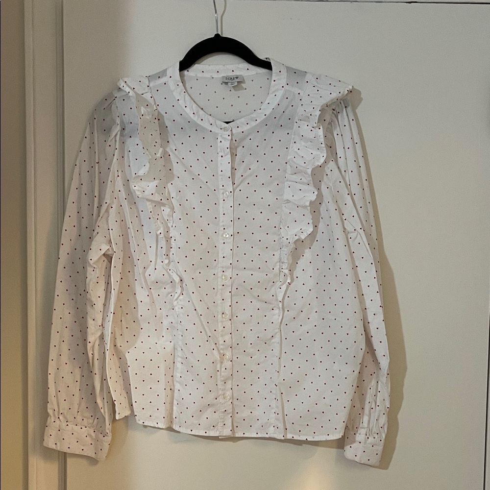 J. Crew White Button-Down Blouse with Red Polka Dots and Ruffle Trim